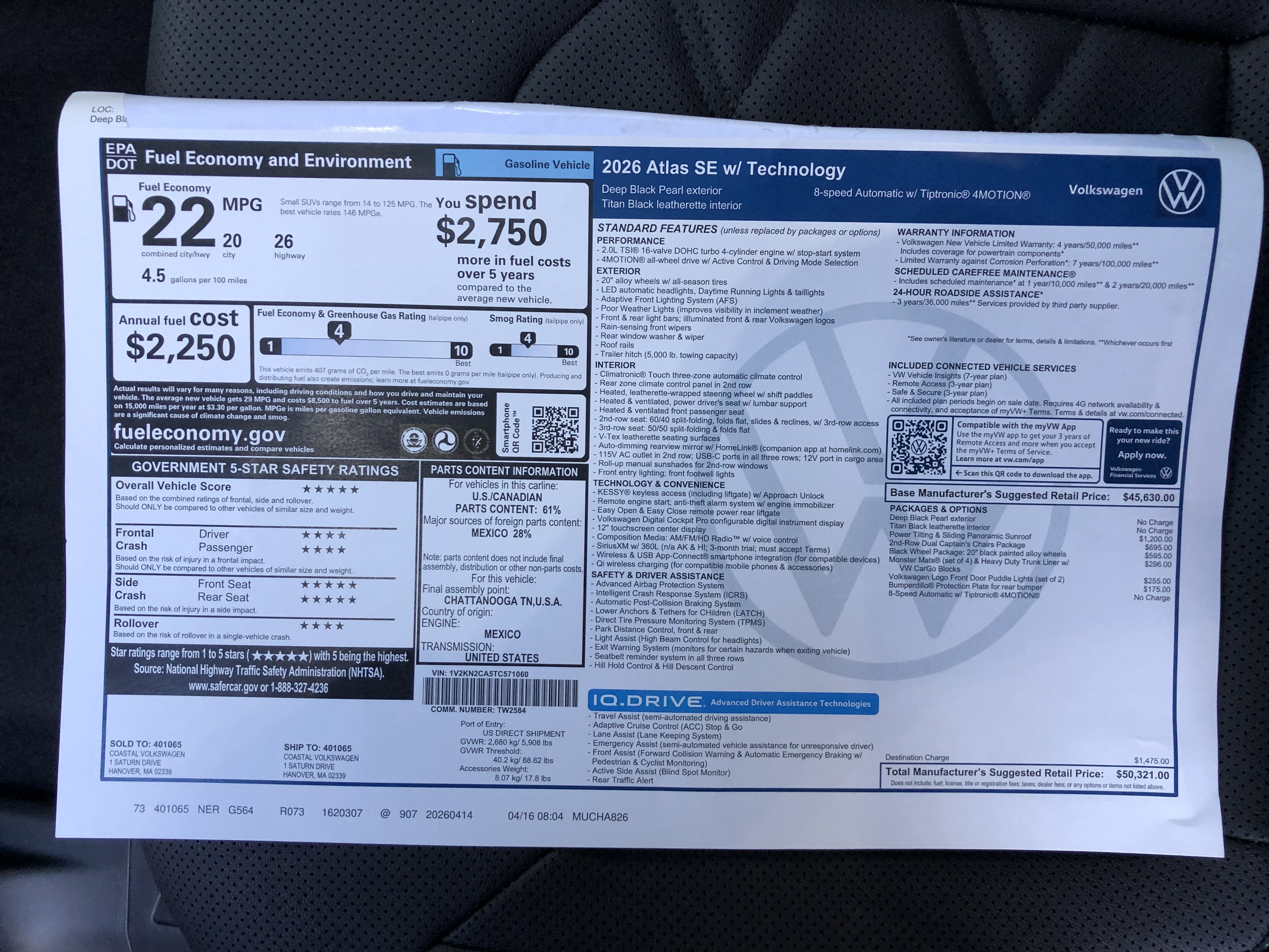 2026 Volkswagen Atlas 2.0T SE w/Technology w/captains chairs, panoramic sunroof and black wheel package