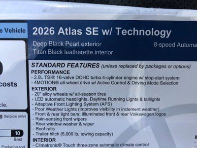 2026 Volkswagen Atlas 2.0T SE w/Technology w/captains chairs, panoramic sunroof and black wheel package