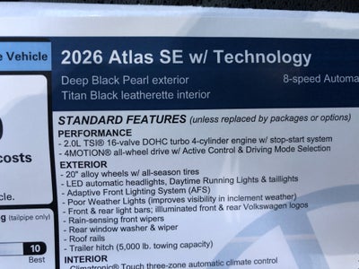 2026 Volkswagen Atlas 2.0T SE w/Technology w/panoramic sunroof and black wheel package