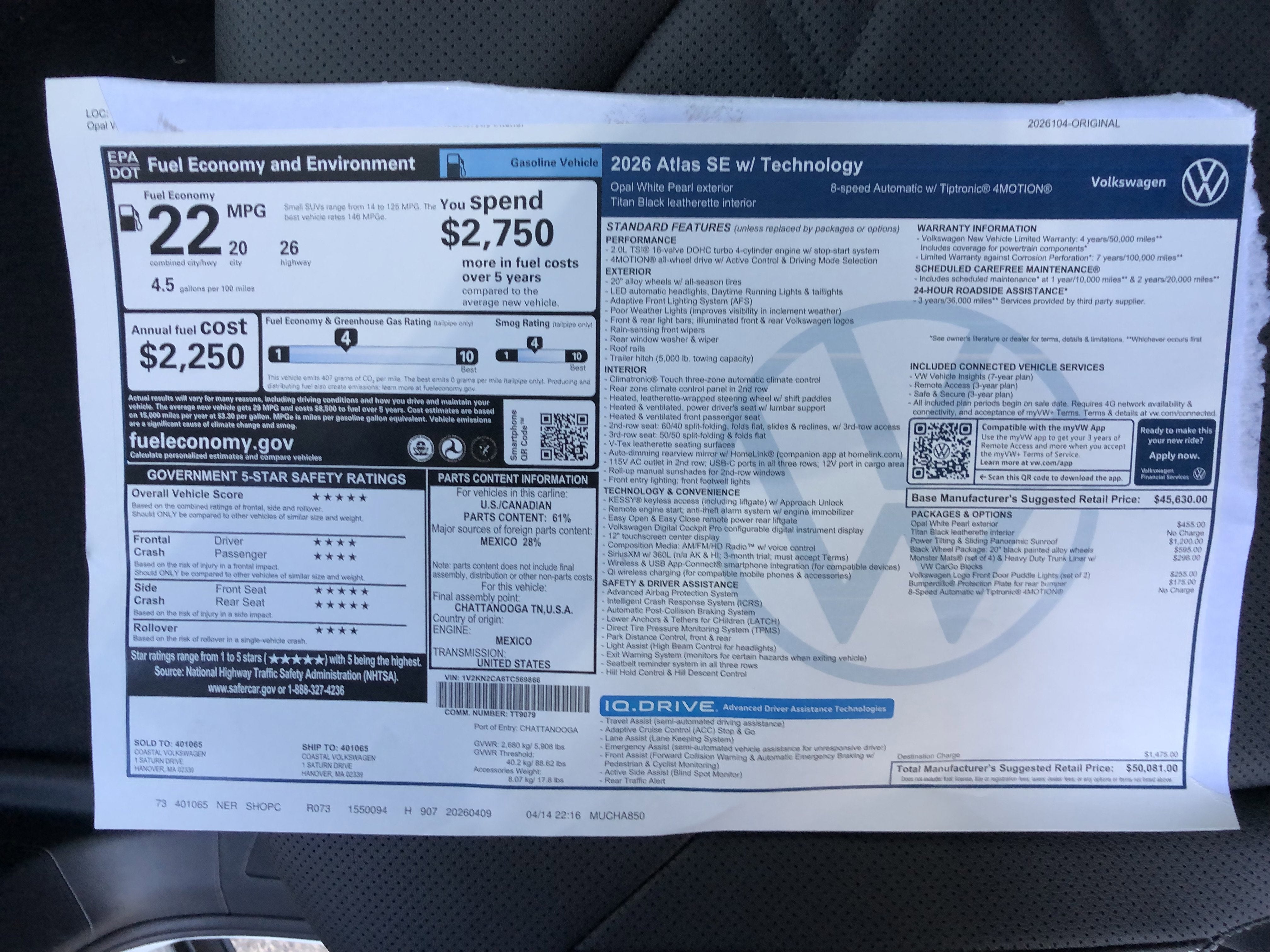 2026 Volkswagen Atlas 2.0T SE w/Technology w/panoramic sunroof and black wheel package