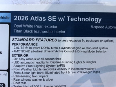2026 Volkswagen Atlas 2.0T SE w/Technology w/panoramic sunroof and black wheel package