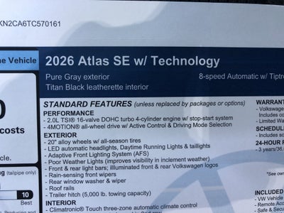 2026 Volkswagen Atlas 2.0T SE w/Technology w/panoramic sunroof and black wheel package