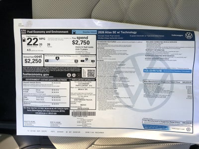 2026 Volkswagen Atlas 2.0T SE w/Technology w/captains chairs, panoramic sunroof and black wheel package