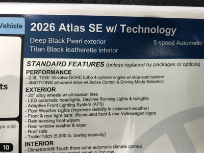 2026 Volkswagen Atlas 2.0T SE w/Technology w/panoramic sunroof and black wheel package