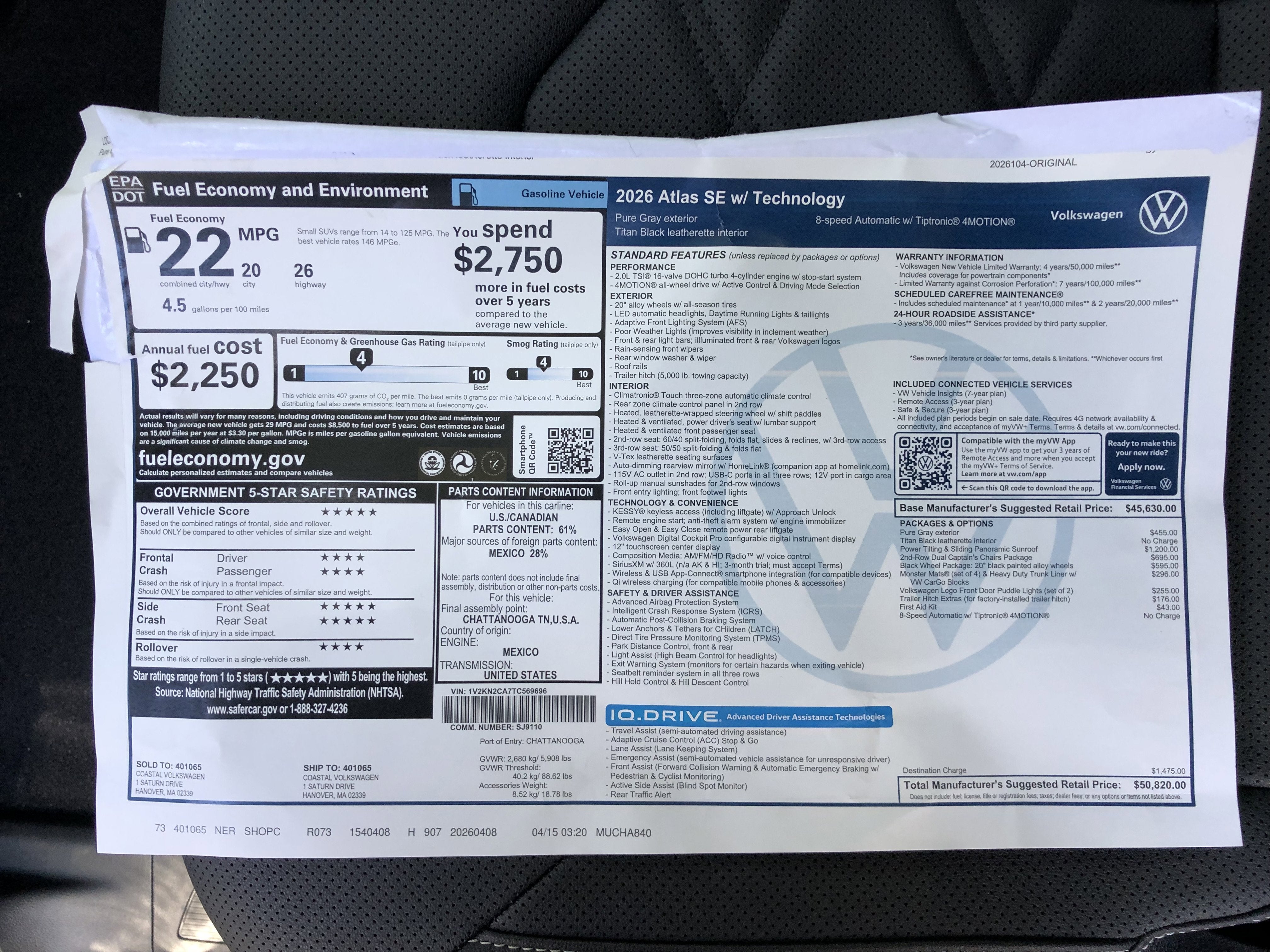 2026 Volkswagen Atlas 2.0T SE w/Technology w/captains chairs, panoramic sunroof and black wheel package