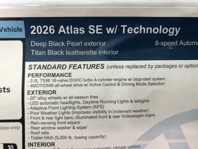 2026 Volkswagen Atlas 2.0T SE w/Technology w/panoramic sunroof and black wheel package