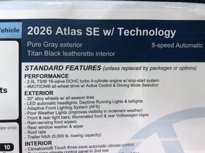 2026 Volkswagen Atlas 2.0T SE w/Technology w/panoramic sunroof and black wheel package