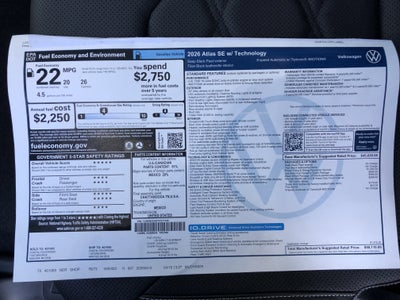 2026 Volkswagen Atlas 2.0T SE w/Technology w/captains chairs, panoramic sunroof and black wheel package