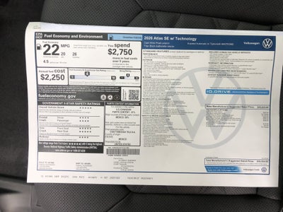 2026 Volkswagen Atlas 2.0T SE w/Technology w/captains chairs, panoramic sunroof and black wheel package