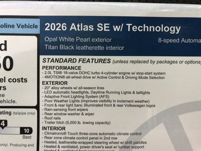 2026 Volkswagen Atlas 2.0T SE w/Technology w/captains chairs, panoramic sunroof and black wheel package