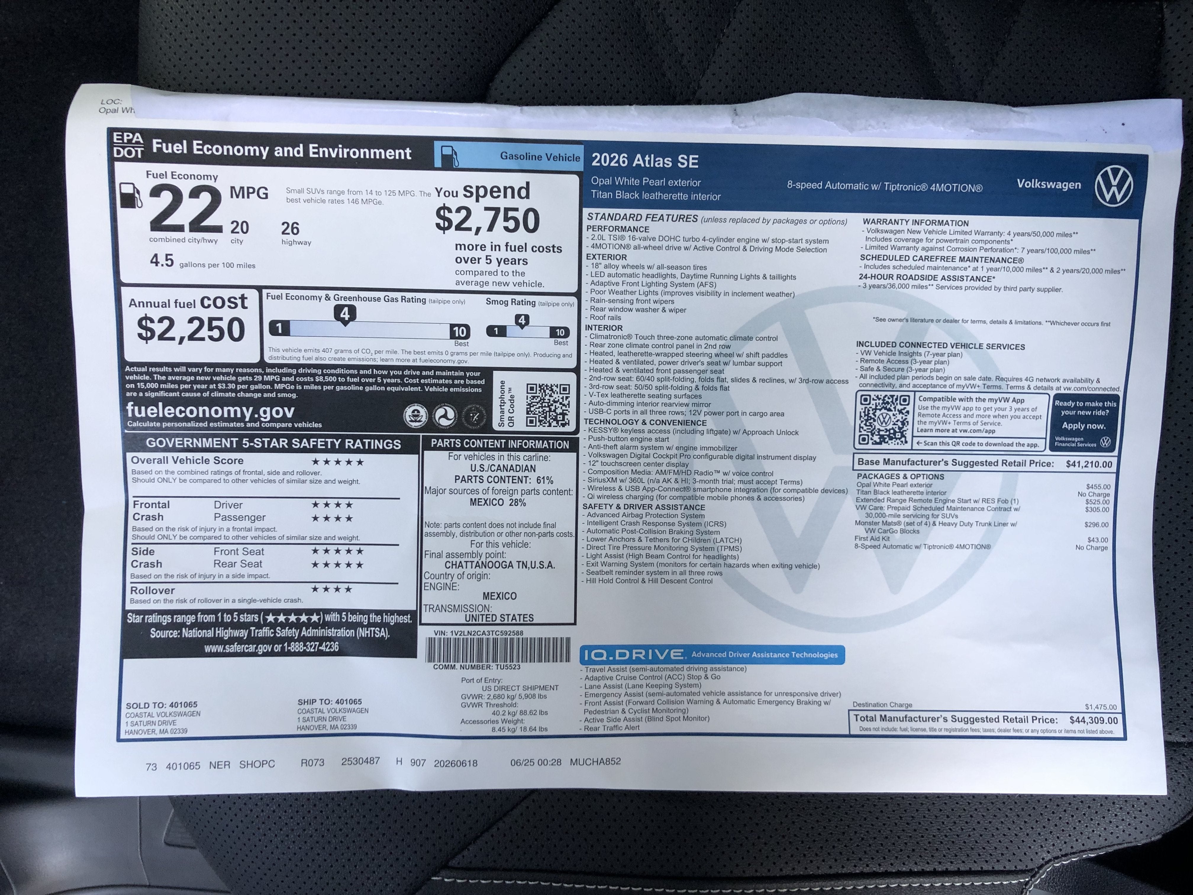 2026 Volkswagen Atlas 2.0T SE w/ext. range remote starter