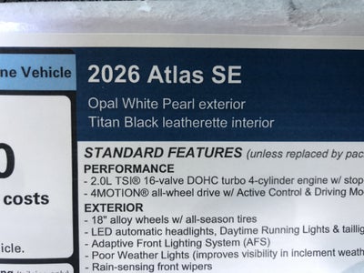 2026 Volkswagen Atlas 2.0T SE w/ext. range remote starter