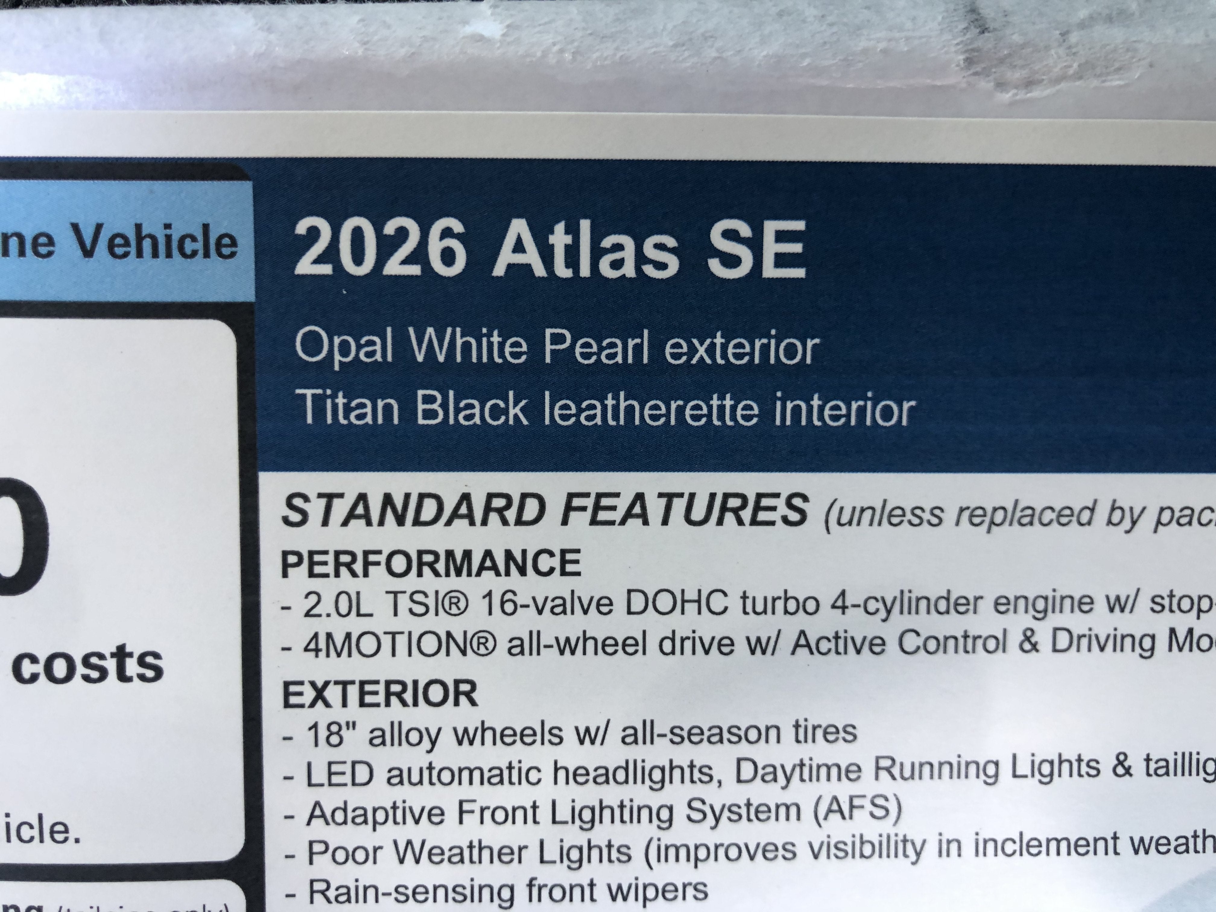 2026 Volkswagen Atlas 2.0T SE w/ext. range remote starter