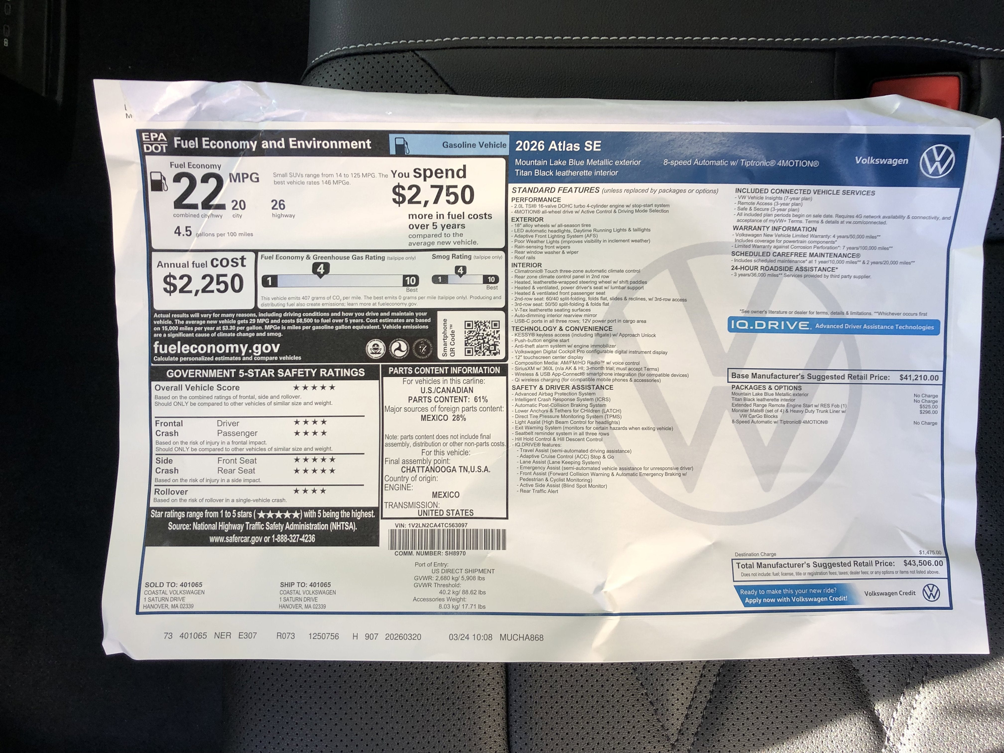 2026 Volkswagen Atlas 2.0T SE w/ext. range remote starter