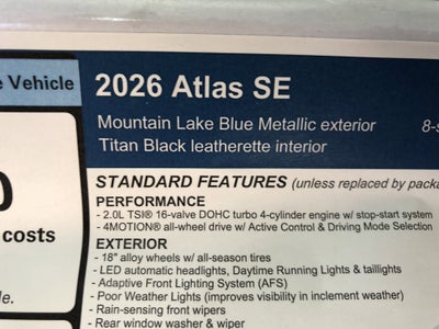 2026 Volkswagen Atlas 2.0T SE w/ext. range remote starter