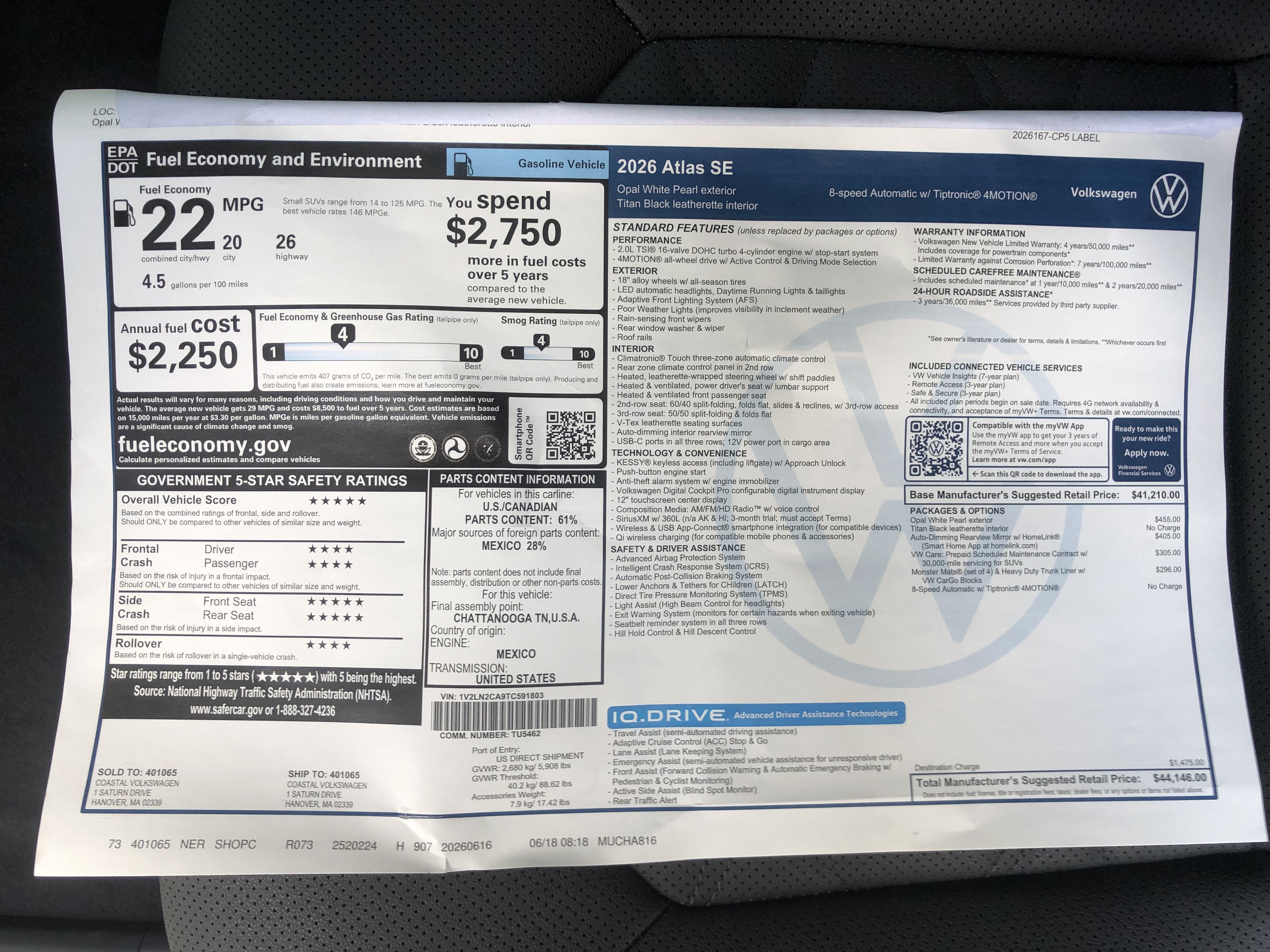 2026 Volkswagen Atlas 2.0T SE