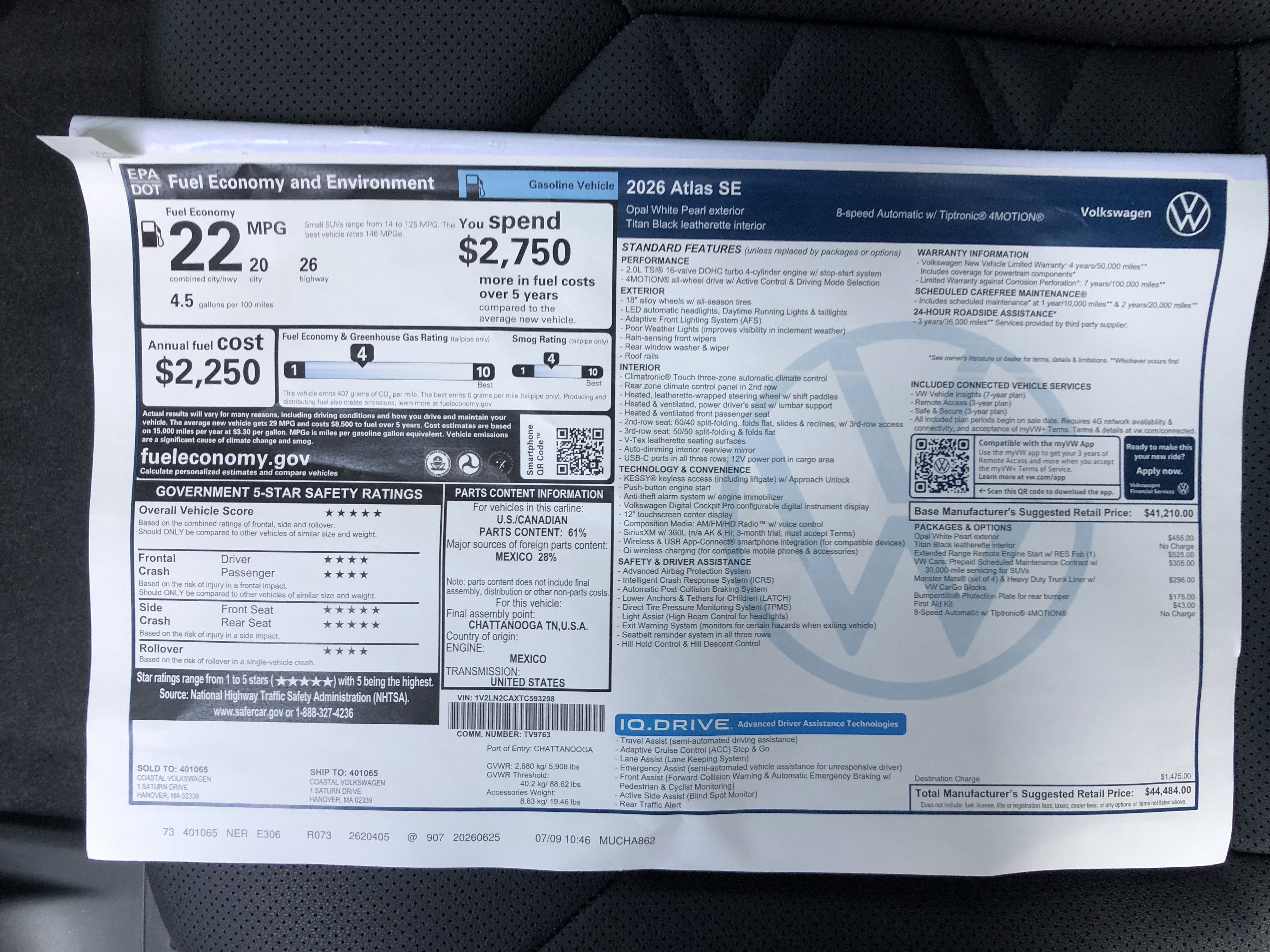 2026 Volkswagen Atlas 2.0T SE w/ext. range remote starter