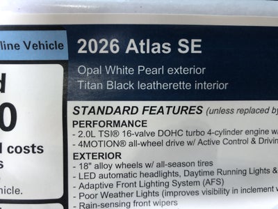 2026 Volkswagen Atlas 2.0T SE w/ext. range remote starter