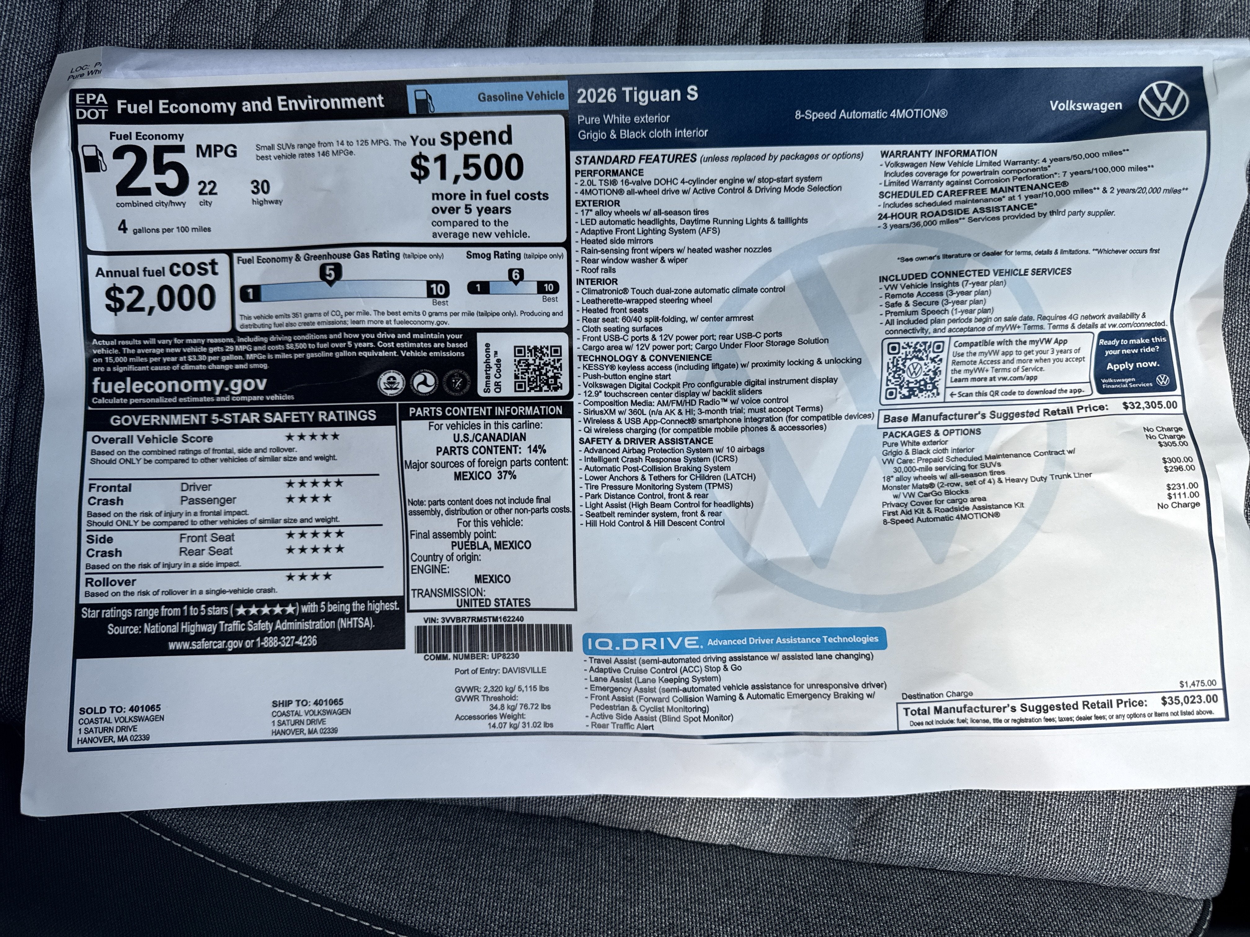 2026 Volkswagen Tiguan S w/18 wheel package