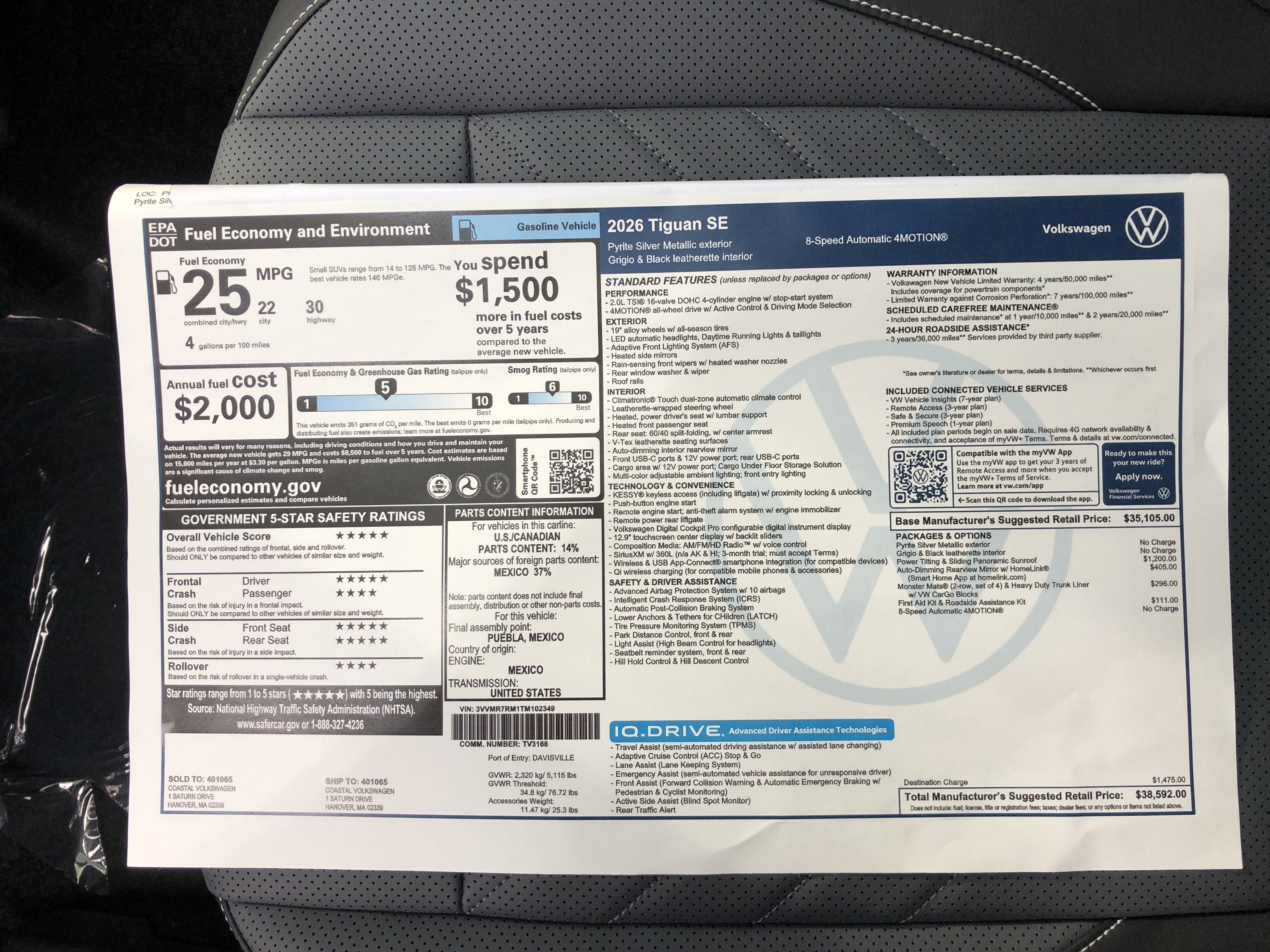 2026 Volkswagen Tiguan SE w/panoramic sunroof