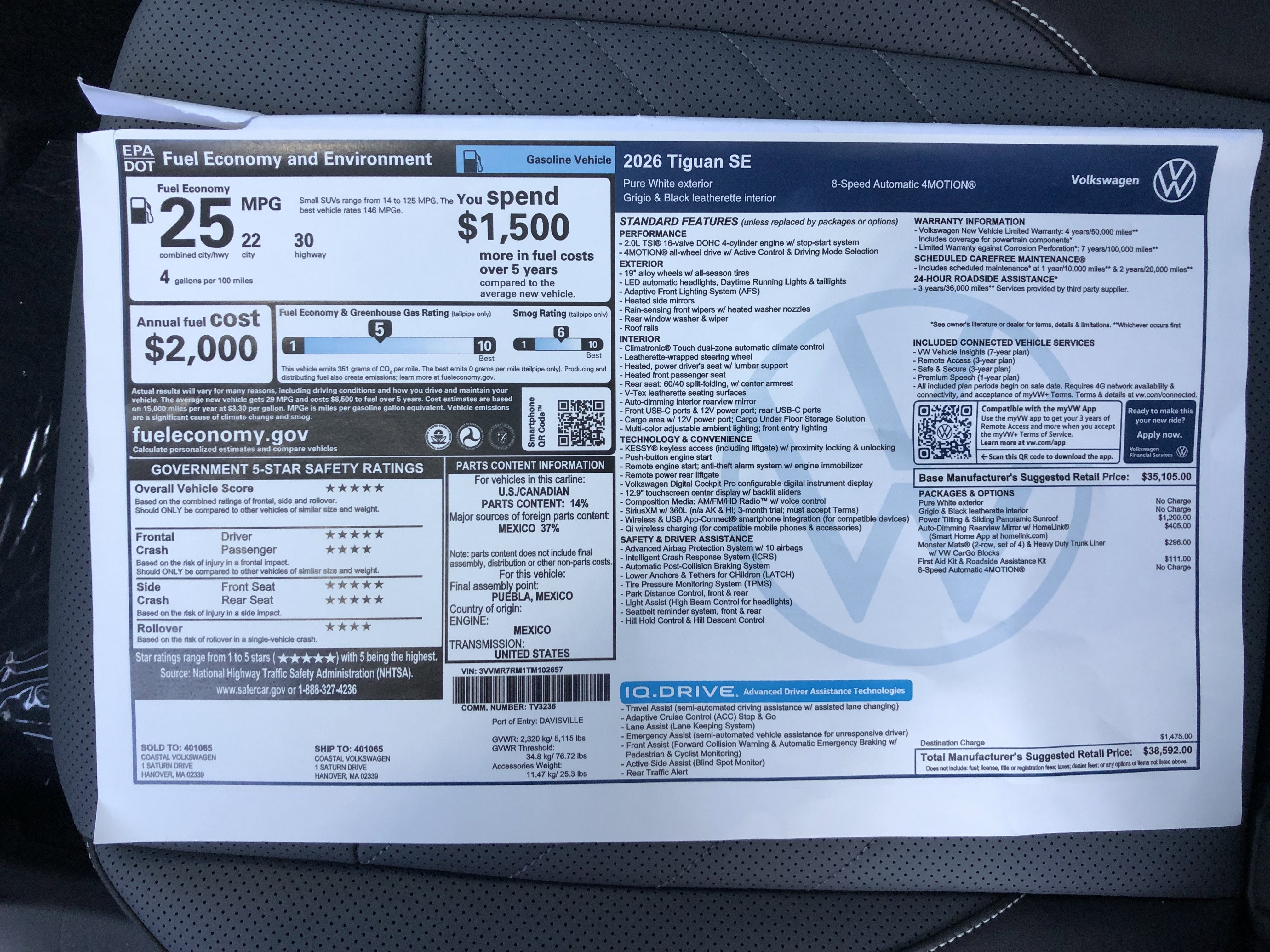 2026 Volkswagen Tiguan SE w/panoramic sunroof