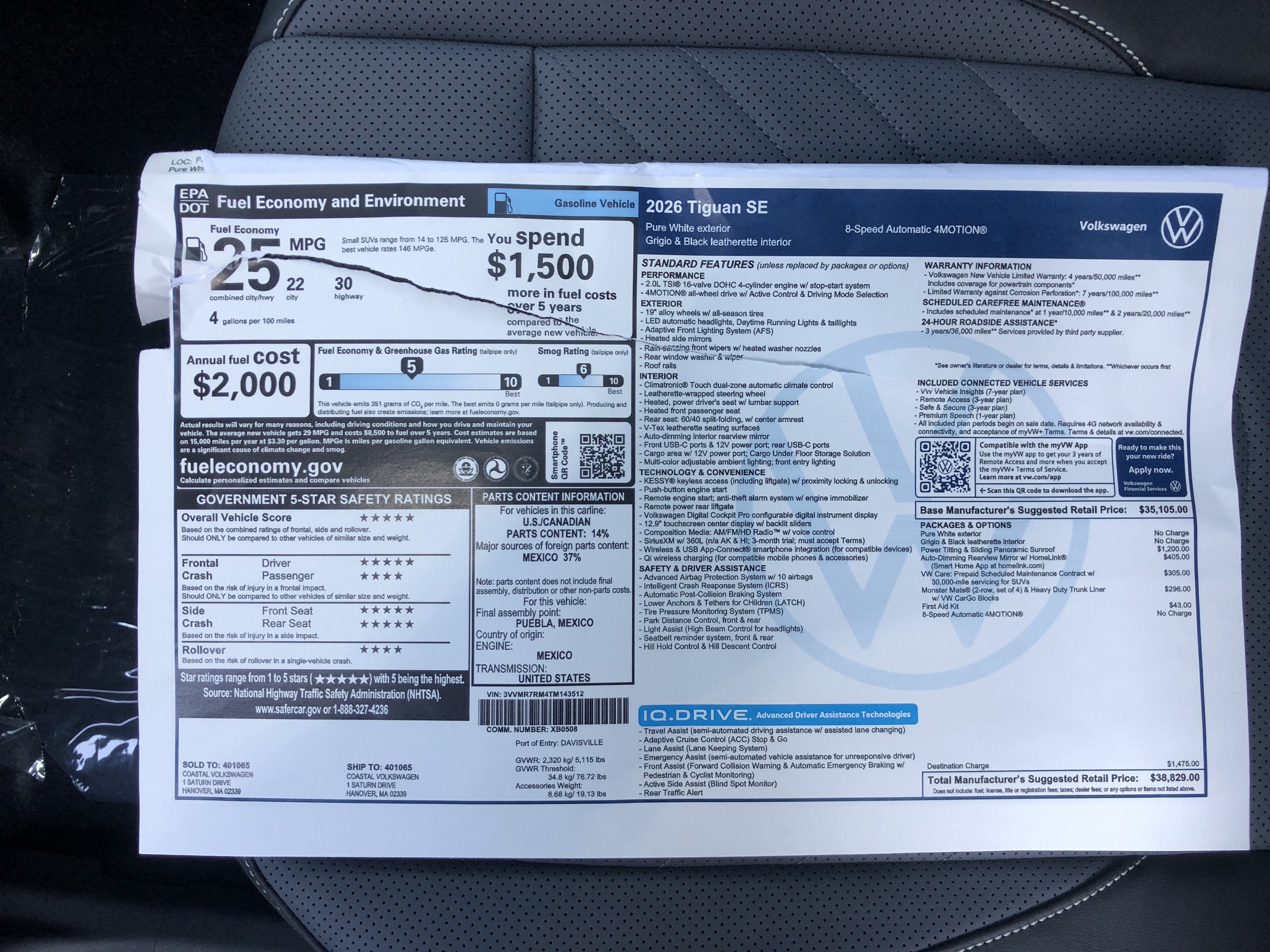 2026 Volkswagen Tiguan SE w/panoramic sunroof