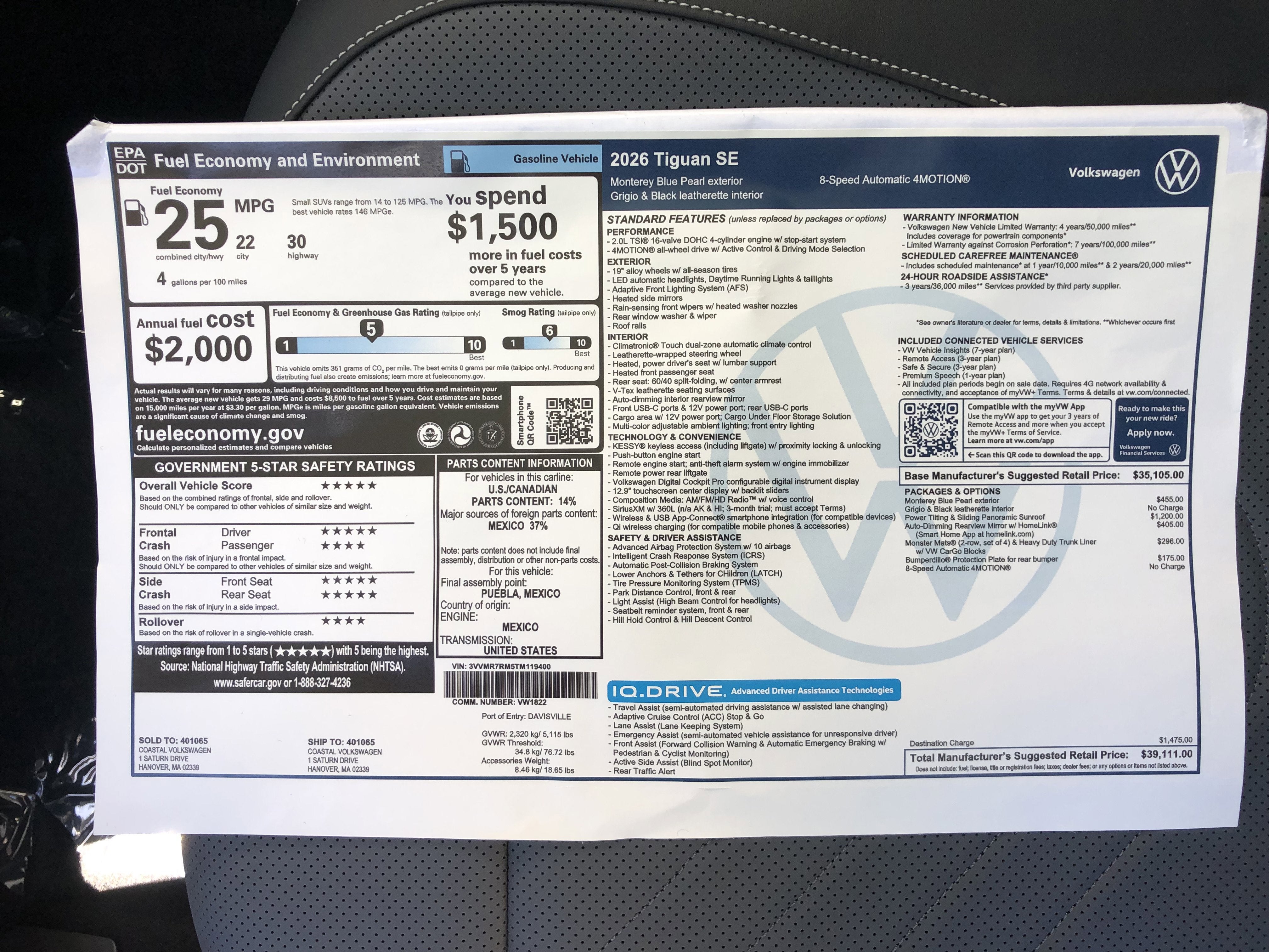 2026 Volkswagen Tiguan SE w/panoramic sunroof