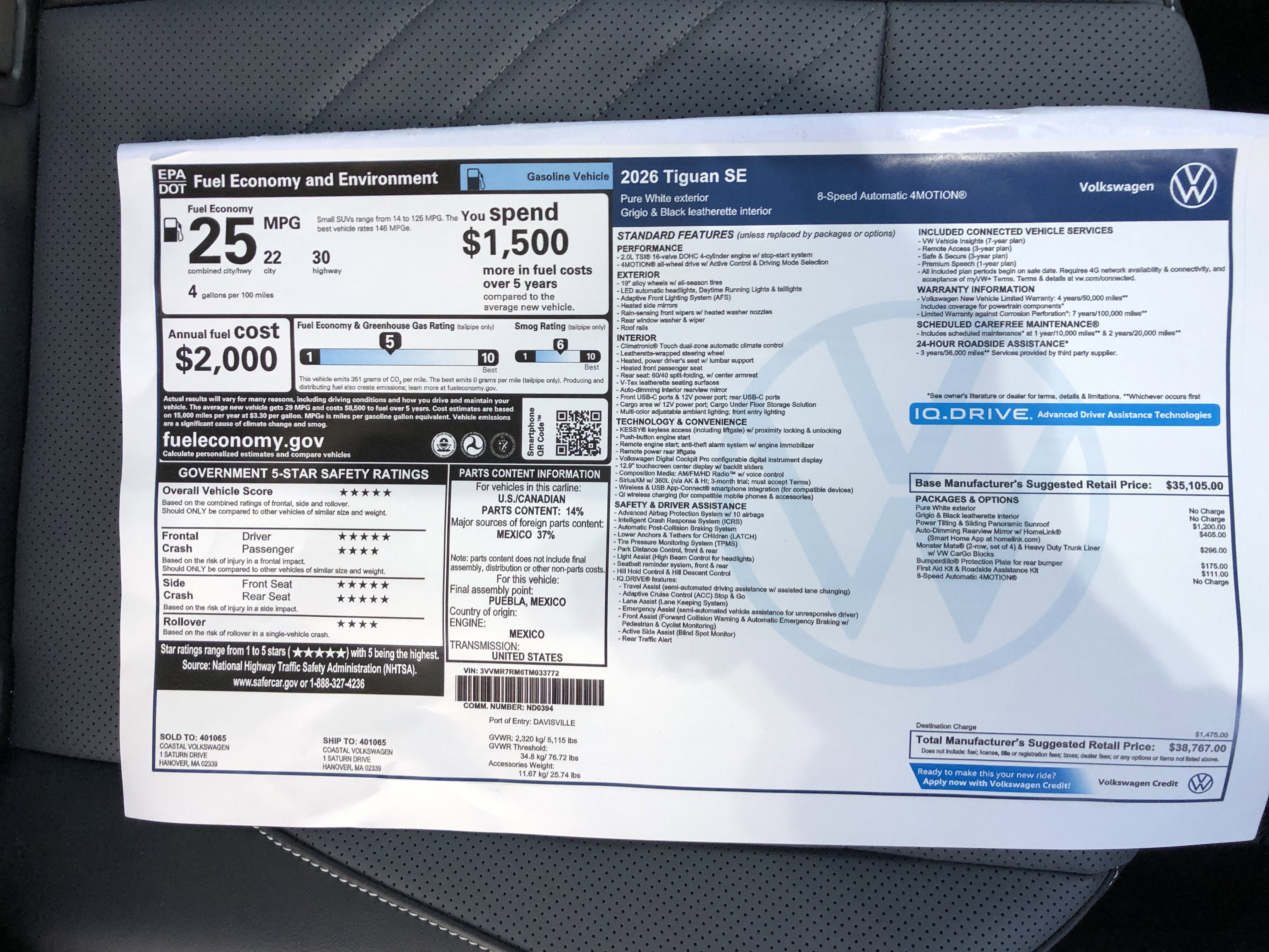 2026 Volkswagen Tiguan SE w/panoramic sunroof