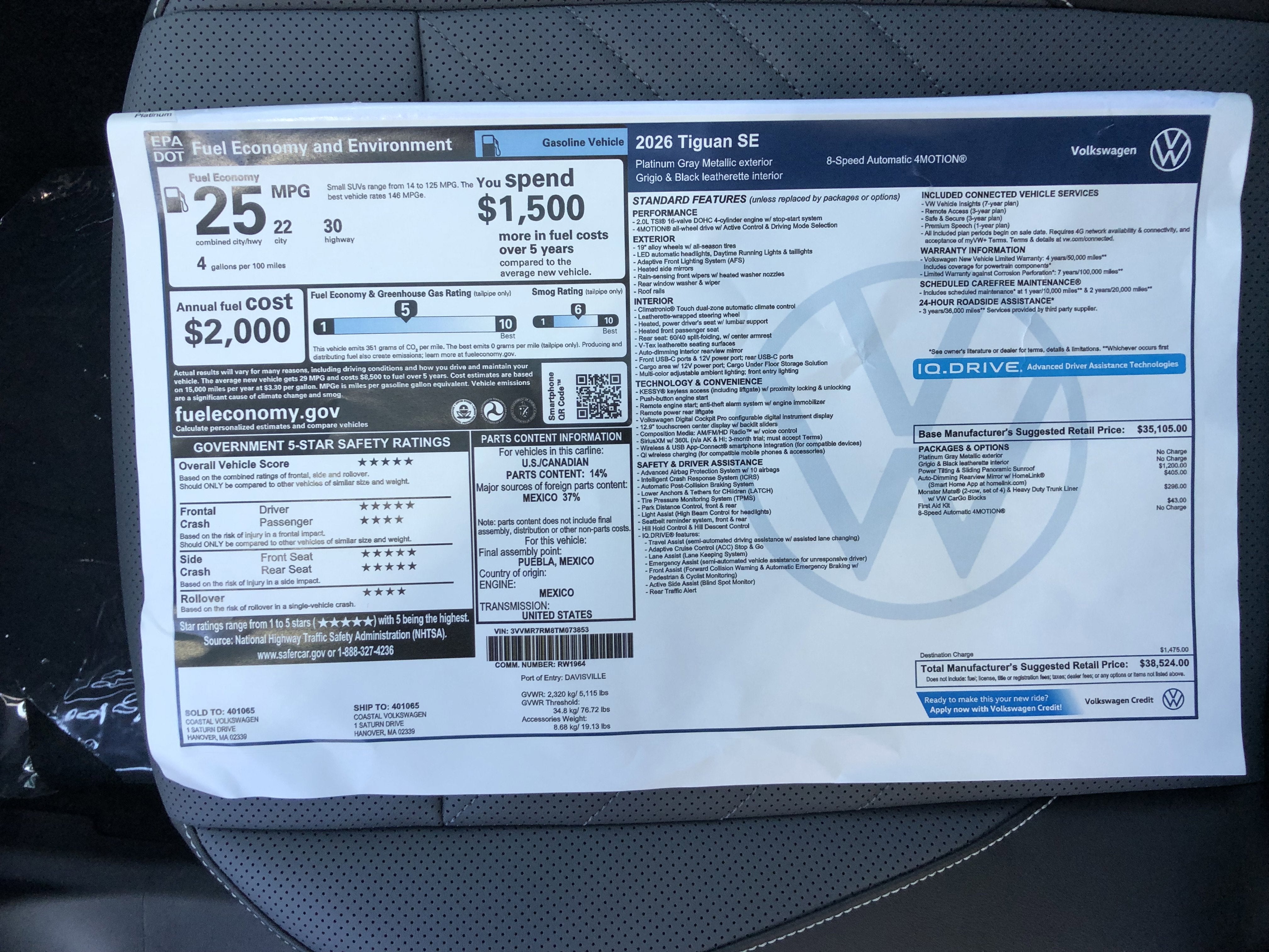 2026 Volkswagen Tiguan SE w/panoramic sunroof
