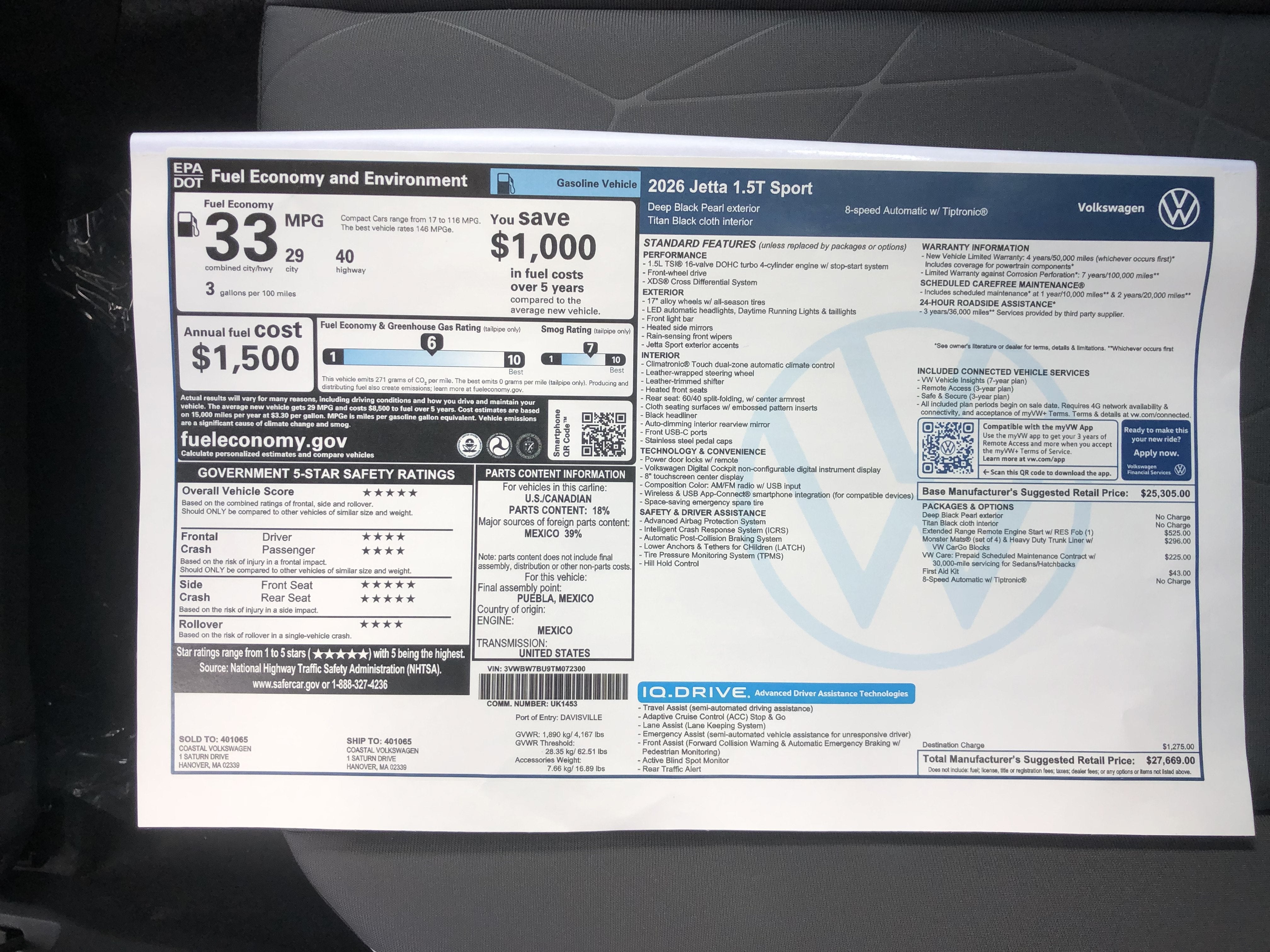 2026 Volkswagen Jetta Sport w/ext. range remote starter