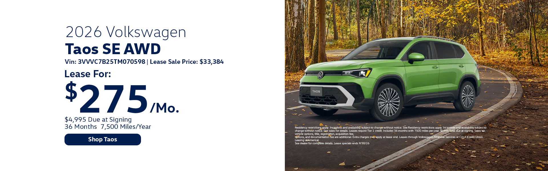 VW Taos Special Offer Hanover, MA